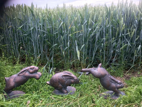 Leaping Hopping Rabbits Hares Home Or Garden Statues Figurines Bronze Effect