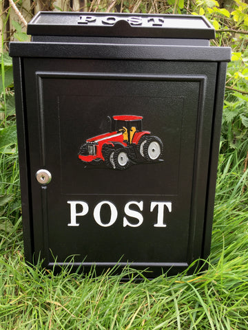 Wall Mounted Red Tractor Post box Powder Coated Steel Satin Black Red Logo