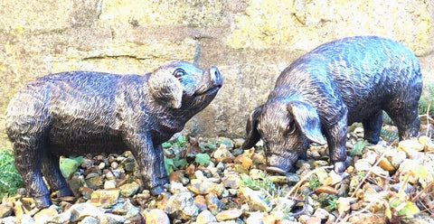 Bronze Effect Pig Pair Garden Home Statue Ornaments Figurine