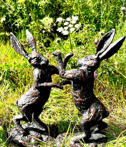 Boxing Hares Garden Statues Ornaments Figurines Bronze Effect Patina