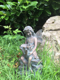 Sitting Fairy Ornament Statue Figurine Bird Feeder Bronze Effect Patina