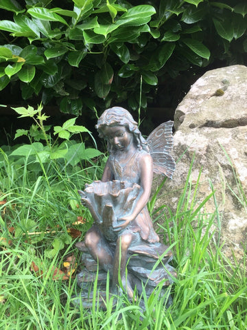 Sitting Fairy Ornament Statue Figurine Bird Feeder Bronze Effect Patina
