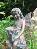 Sitting Fairy Ornament Statue Figurine Bird Feeder Bronze Effect Patina