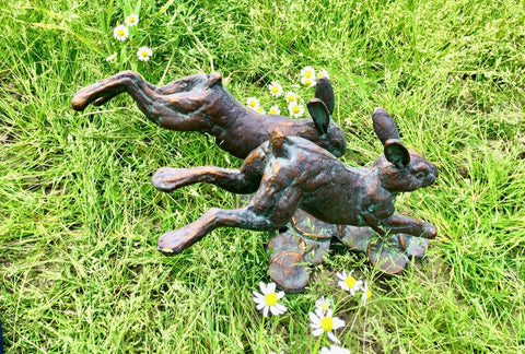 Hares Rabbits Running Garden Home Ornament Statue Figurine Bronze Effect Finish