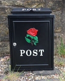 Black Steel Post box, Mailbox Red Rose Logo for Garden, Driveway, Gate Entrance