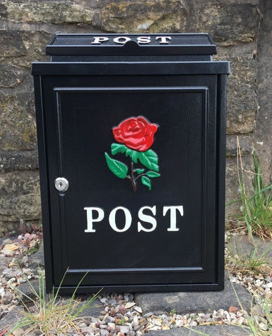 Black Steel Post box, Mailbox Red Rose Logo for Garden, Driveway, Gate Entrance