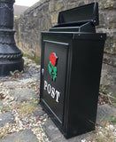 Black Steel Post box, Mailbox Red Rose Logo for Garden, Driveway, Gate Entrance