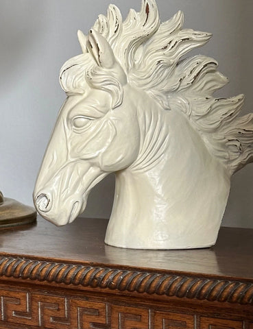 Horse Stallion Bust Head Ornament Statue White Shabby Chic