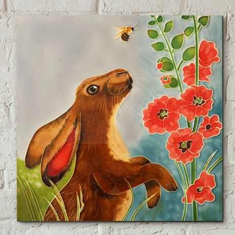 Decorative Artist Hand Painted Tile 8X8 HOLLYHOCKS HARE BY J.YATES